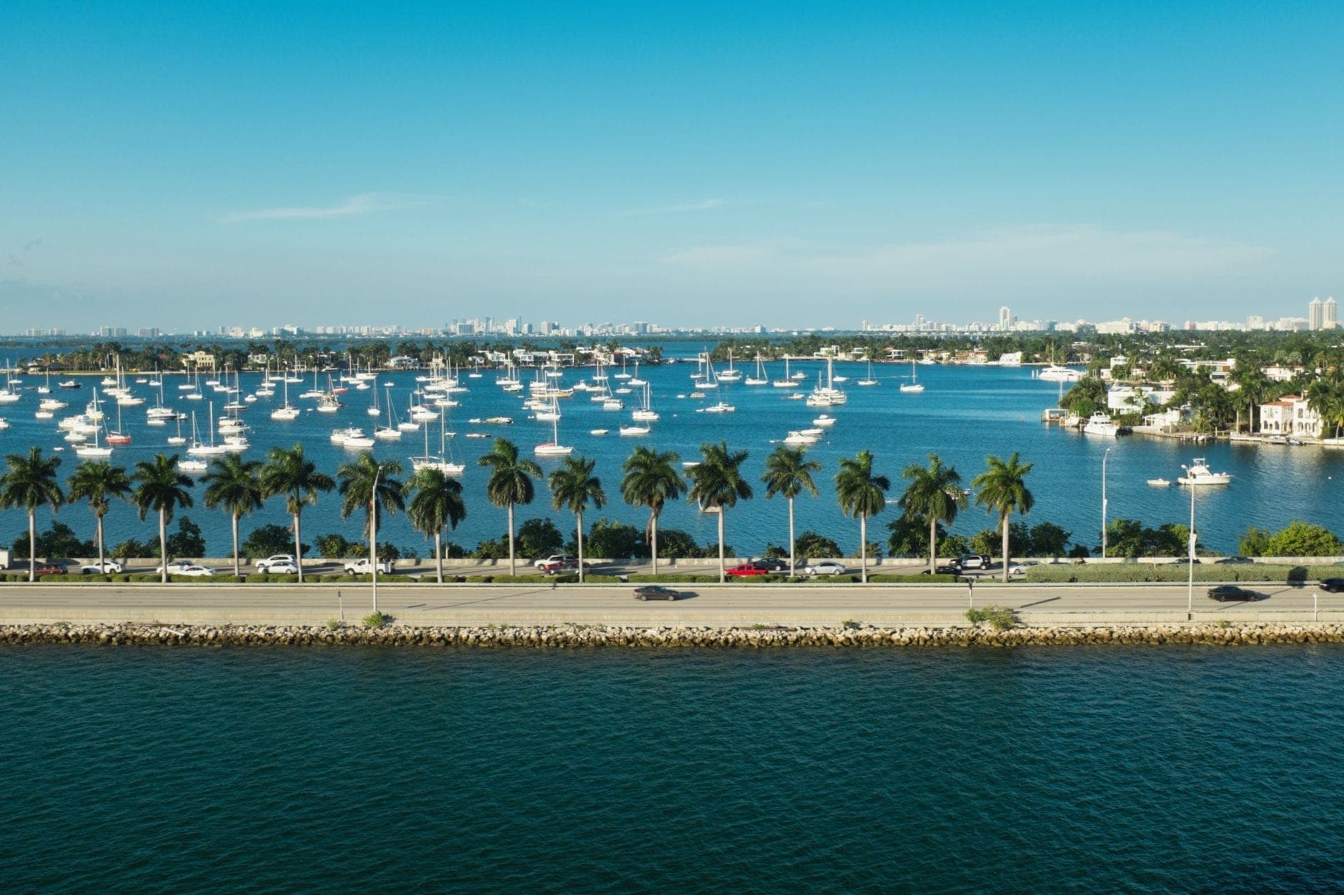 Scenic view of Coconut Grove waterfront in Miami with palm trees, a road, and many boats anchored in the bay under a clear blue sky.