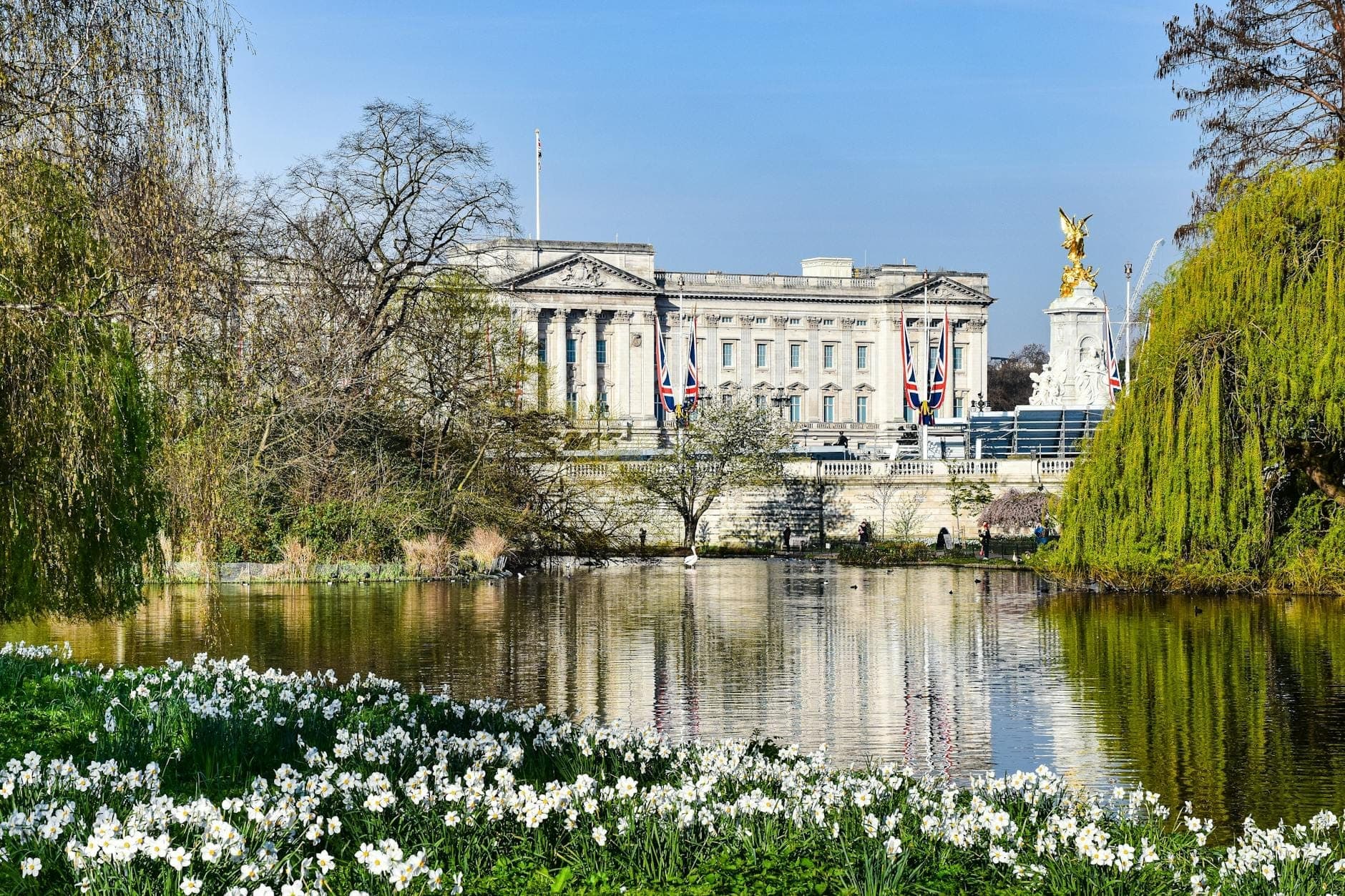พระราชวัง Buckingham Palace และอนุสรณ์สถาน Victoria Memorial ด้านหลังทะเลสาบที่งดงามพร้อมดอกไม้ฤดูใบไม้ผลิและต้นไม้เขียวขจีในสวนสาธารณะใจกลางกรุงลอนดอน