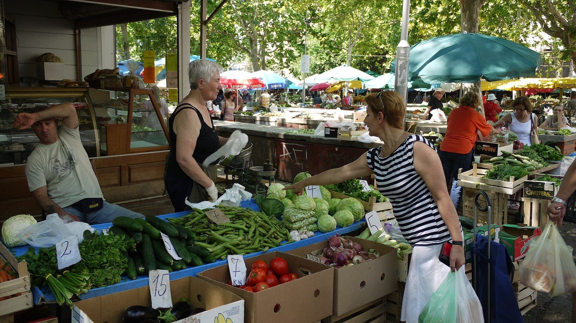 Bancarelle di prodotti freschi e venditori locali al Pazar Market di Split, con ombrelloni colorati, alberi e acquirenti mattutini che animano la vivace scena.