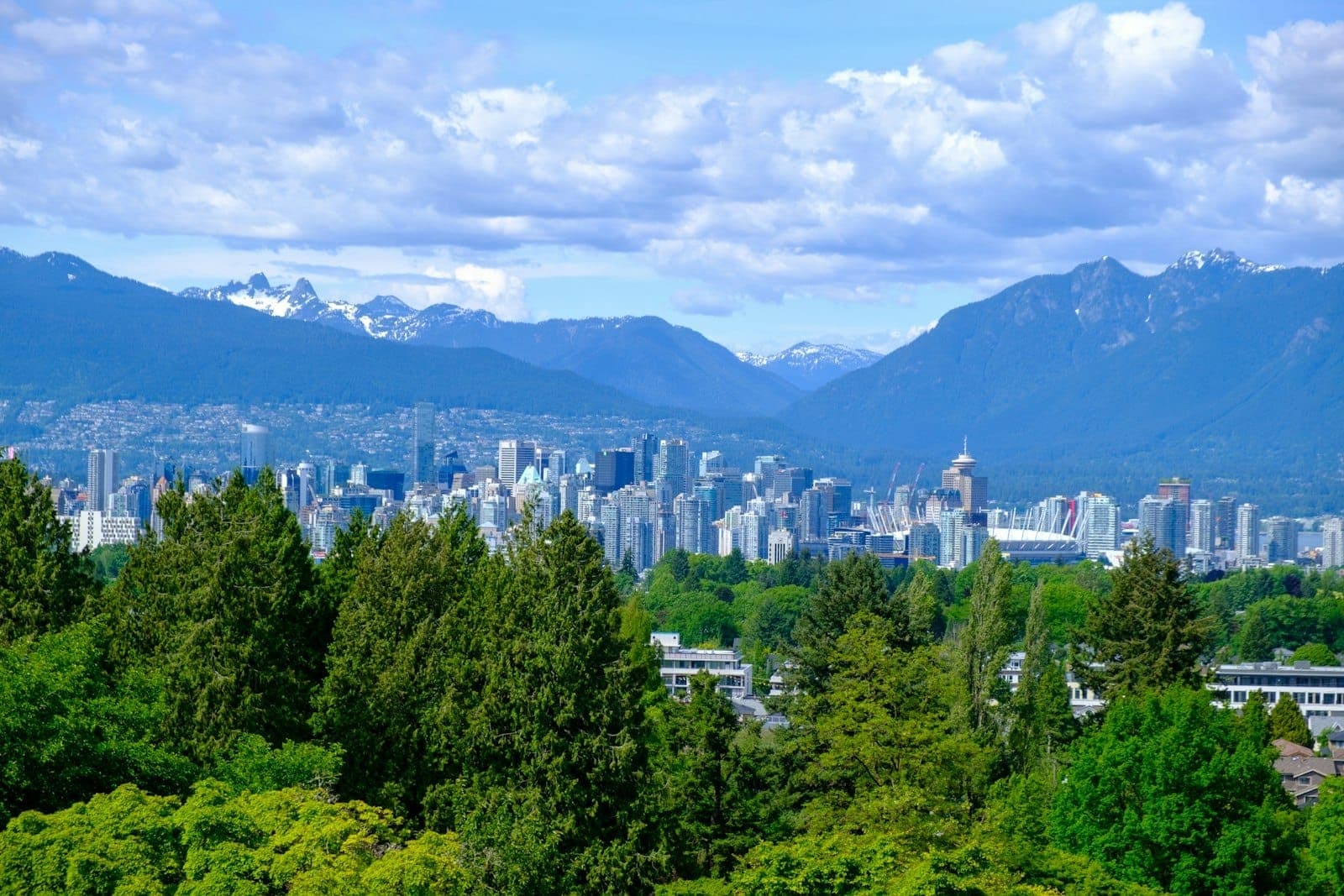 เส้นขอบฟ้าของแวนคูเวอร์และเทือกเขา North Shore ที่มองเห็นจาก Queen Elizabeth Park พร้อมต้นไม้เขียวขจีในเบื้องหน้าใต้ท้องฟ้าสีฟ้าสดใส