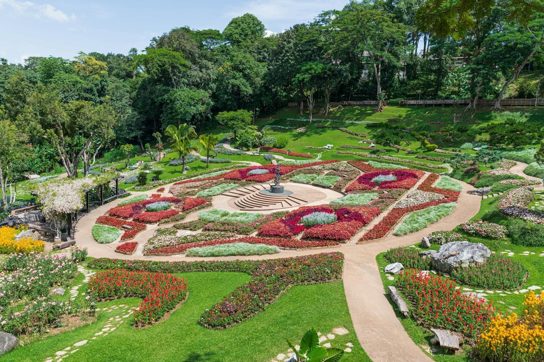 Luftaufnahme des Queen Sirikit Botanischen Gartens mit kunstvoll angelegten Blumenbeeten, geschwungenen Wegen, üppigem Grün und umliegenden Bäumen unter blauem Himmel.