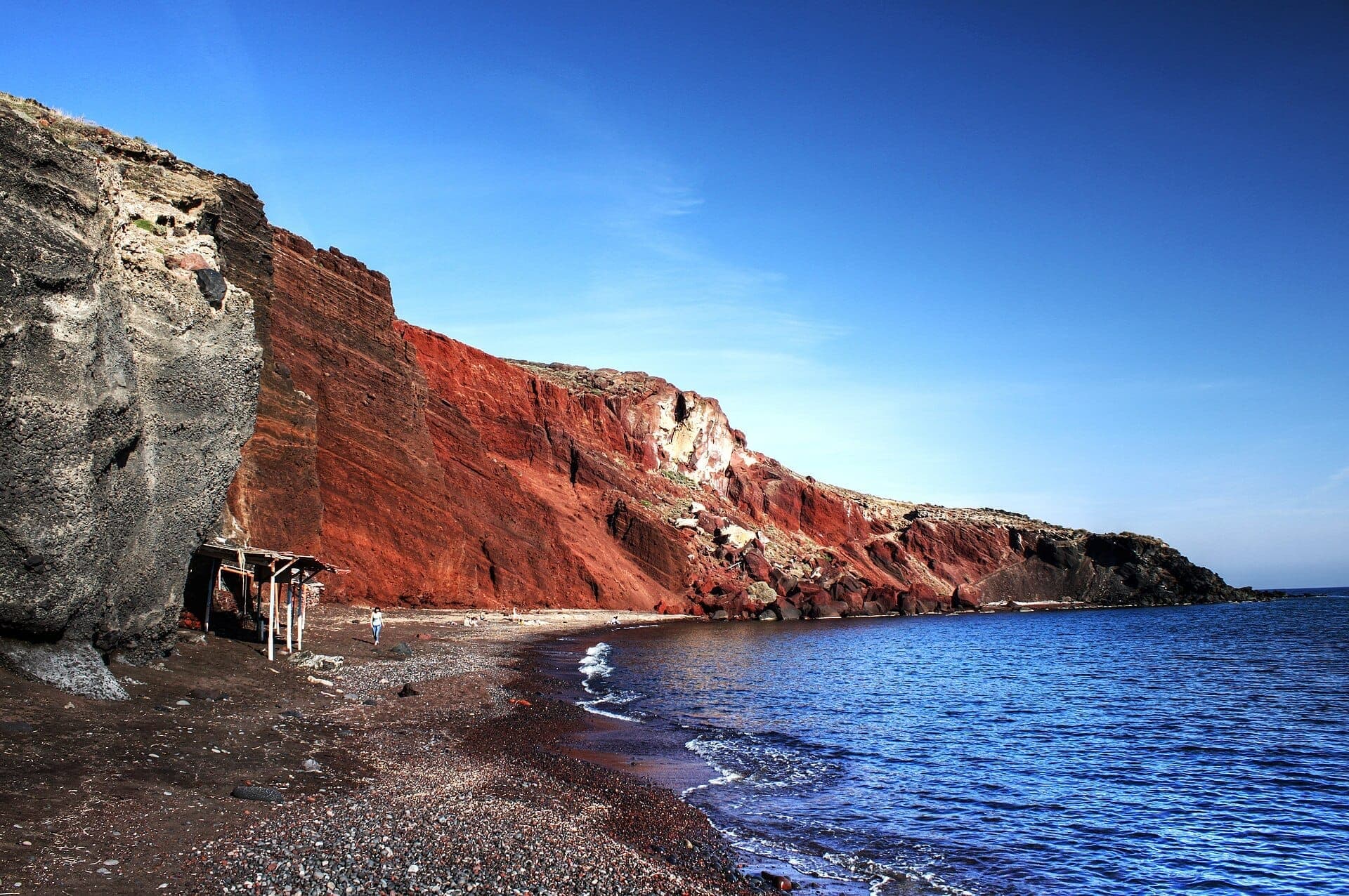 Red Beach auf Santorini mit aufragenden eisenreichen roten Klippen, Kieselstrand und tiefblauem Ägäischen Meer unter klarem Himmel.