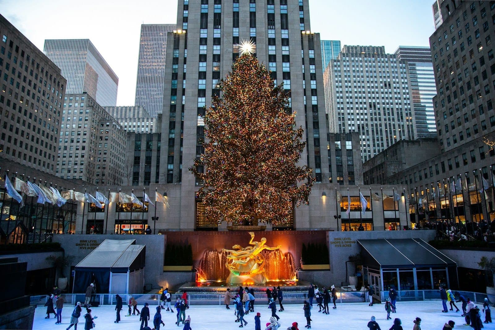 ลานสเก็ต Rockefeller Center กับผู้คนกำลังเล่นสเก็ต ต้นคริสต์มาสขนาดใหญ่ อาคารอาร์ตเดโค และเส้นขอบฟ้ามิดทาวน์แมนฮัตตันยามเย็น