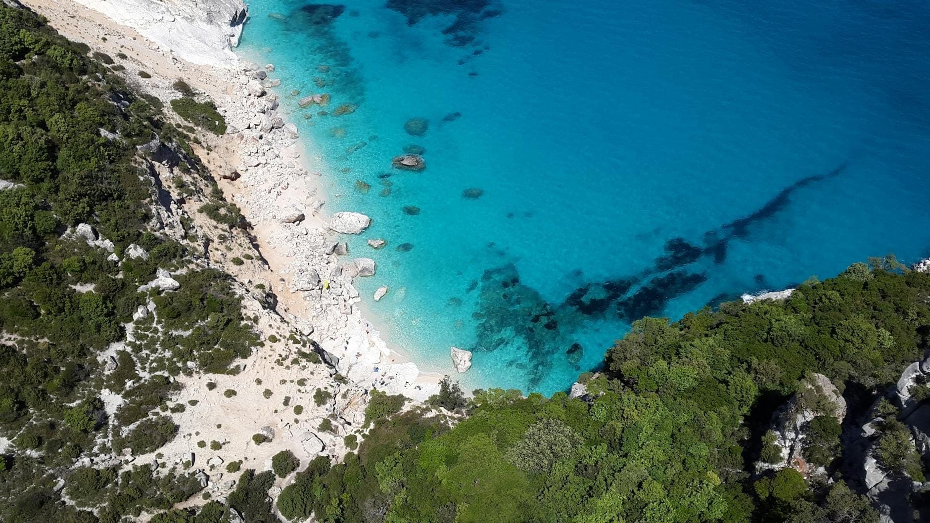 Vista aérea de una playa solitaria de Cerdeña con agua turquesa, arena blanca, rocas y exuberante vegetación a lo largo de la orilla