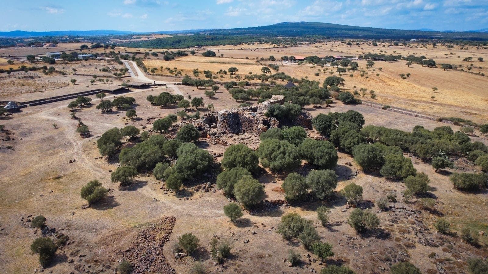 Vista aérea de una gran torre nurágica de piedra circular rodeada de árboles y el paisaje abierto de Cerdeña bajo un cielo azul.