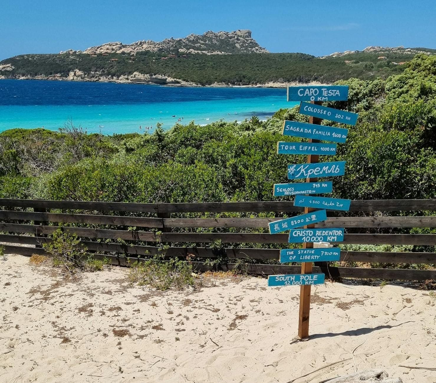 Poste indicador de madera con múltiples flechas azules y direcciones a la playa, camino de arena y mar azul de Cerdeña con colinas al fondo.