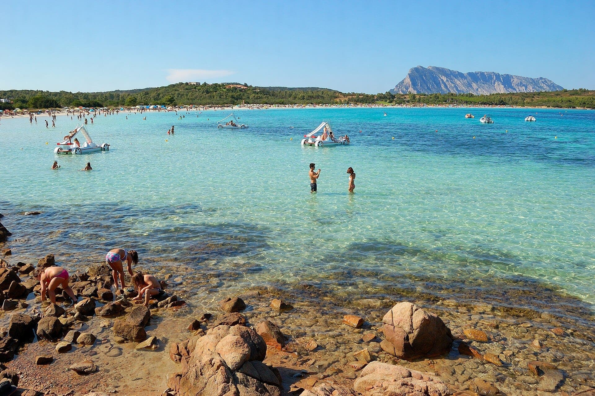 Familien und Reisende genießen das klare, seichte türkisfarbene Wasser von Cala Brandinchi, mit felsiger Küste, Sandstrand und fernen grünen Hügeln unter blauem Himmel.