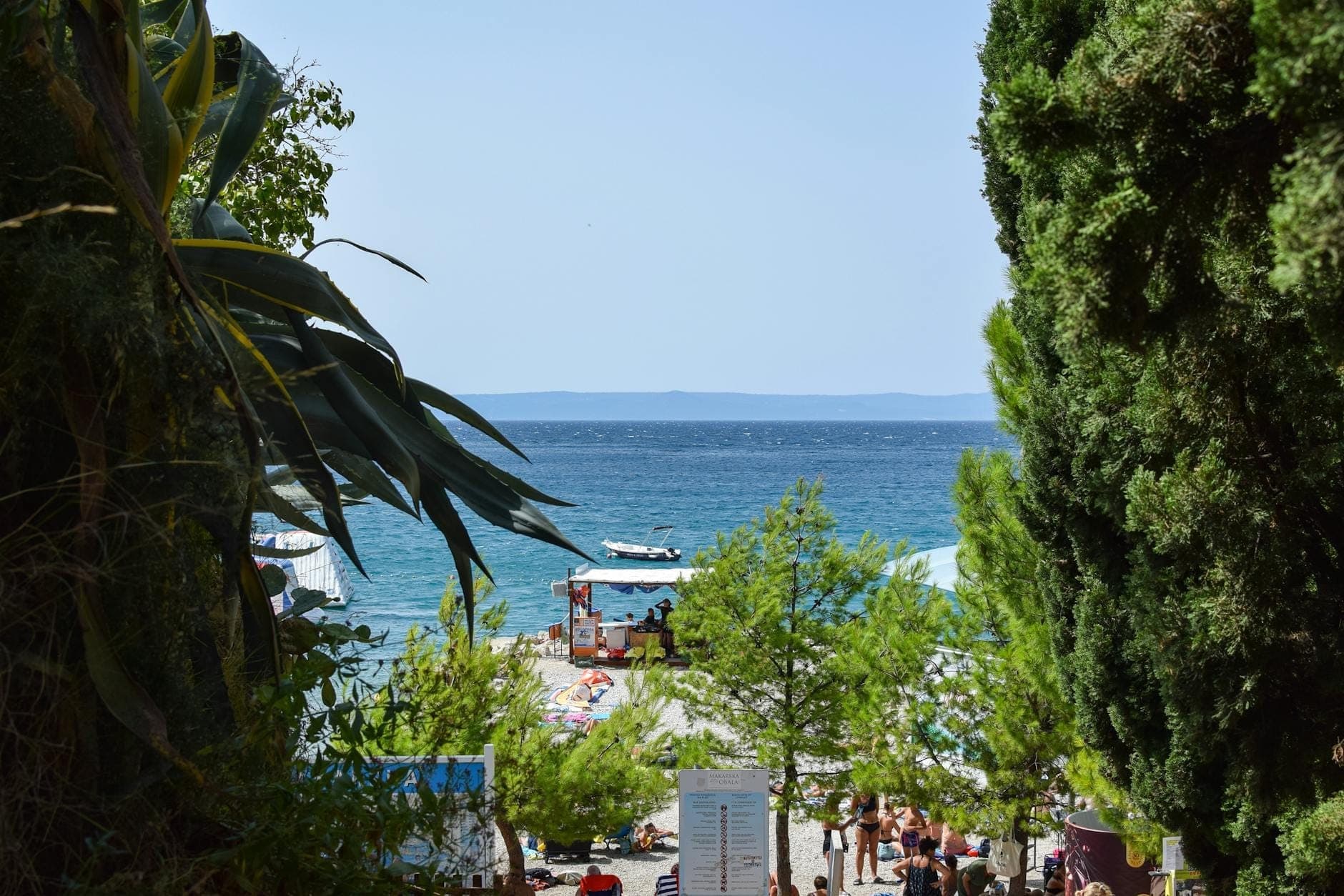 Vista tra gli alberi verso una spiaggia croata adatta alle famiglie con bagnanti, bar sulla spiaggia, acqua cristallina e nuotatori in lontananza in una giornata di sole.