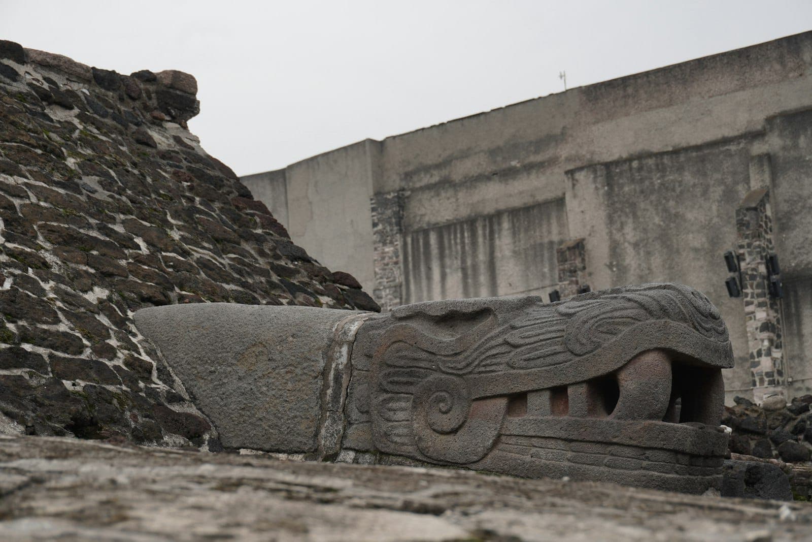 Primer plano de una escultura de cabeza de serpiente de piedra entre antiguas ruinas de piedra en un sitio arqueológico prehispánico en el centro de Ciudad de México.