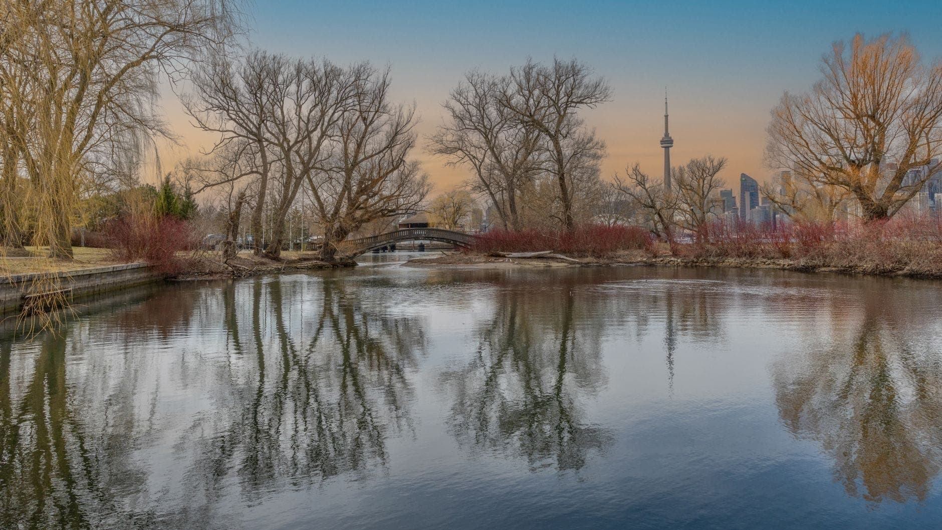 Panorama de un parque de Toronto con árboles sin hojas, reflejos en el agua y la CN Tower y el horizonte urbano al fondo en una tarde despejada.