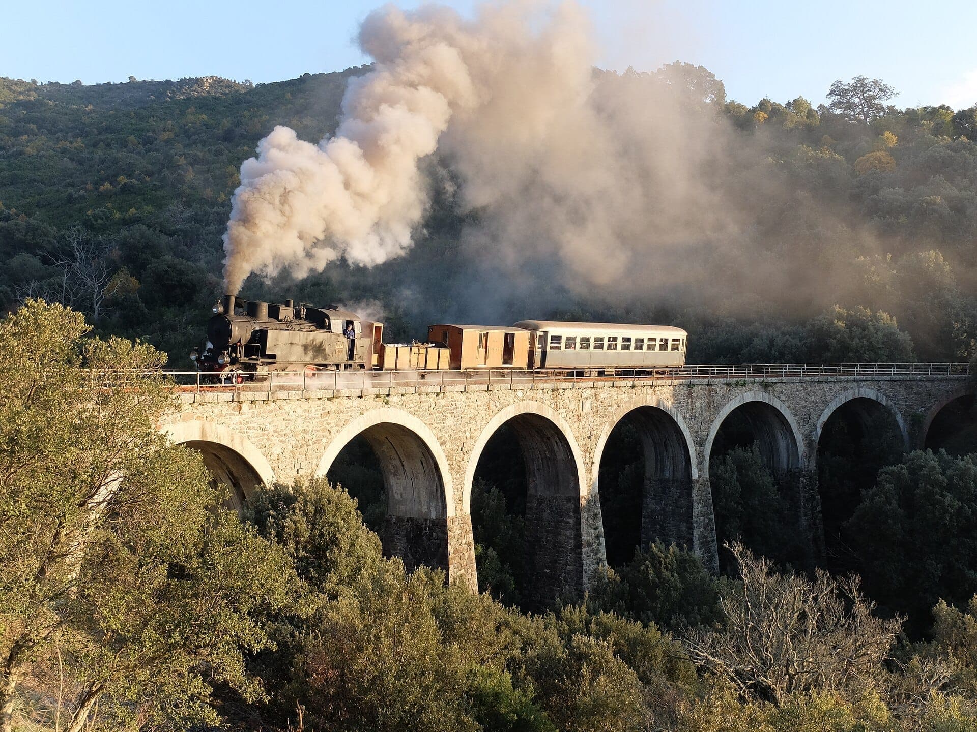 Histórico tren de vapor Trenino Verde cruzando un viaducto de piedra, rodeado de denso bosque verde y luz del atardecer en el interior de Cerdeña.