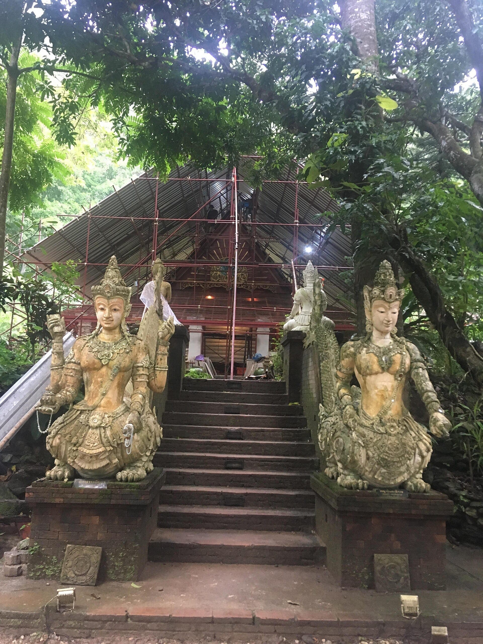 Steinstatuen bewachen die moosbedeckten Stufen, die zu einem Tempelgebäude in Wat Pha Lat hinaufführen, das inmitten dichter grüner Dschungelbäume liegt.