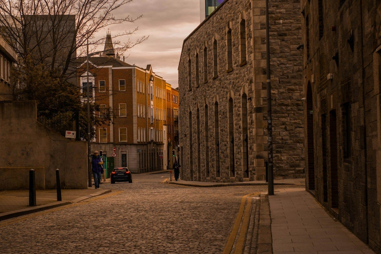 Enge Kopfsteinpflasterstraße gesäumt von historischen Steingebäuden in Dublin, die eine atmosphärische Stimmung des Viertels the Liberties vermittelt.