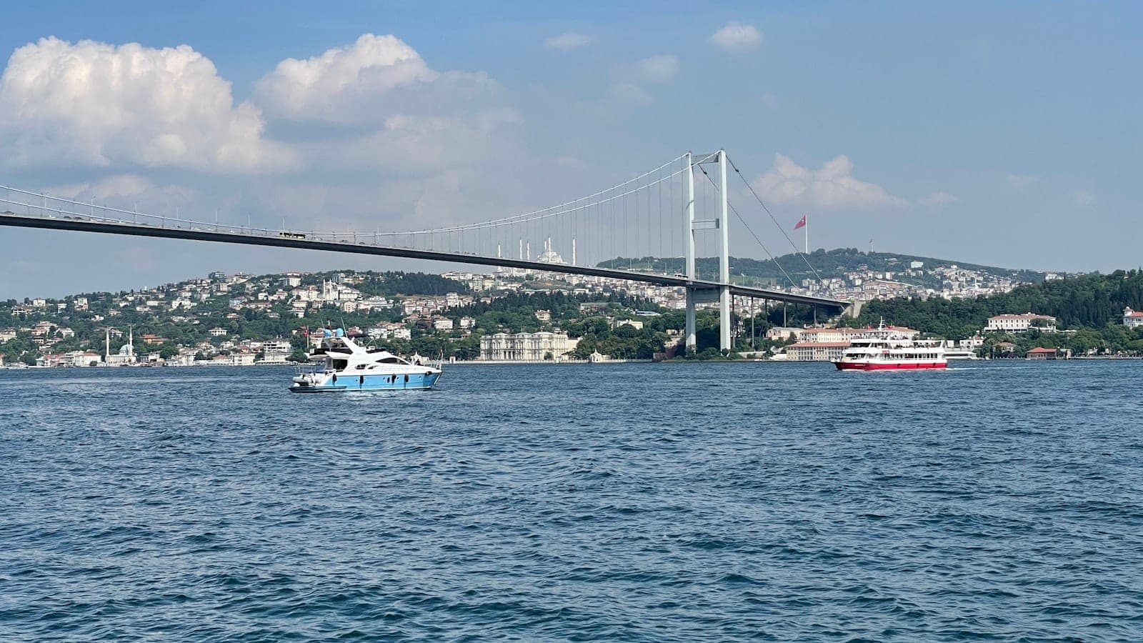 Weiter Blick auf die Bosporus-Brücke mit Booten und Hügeln – das ikonische Ufer von Beşiktaş und Ortaköy an einem klaren Tag.