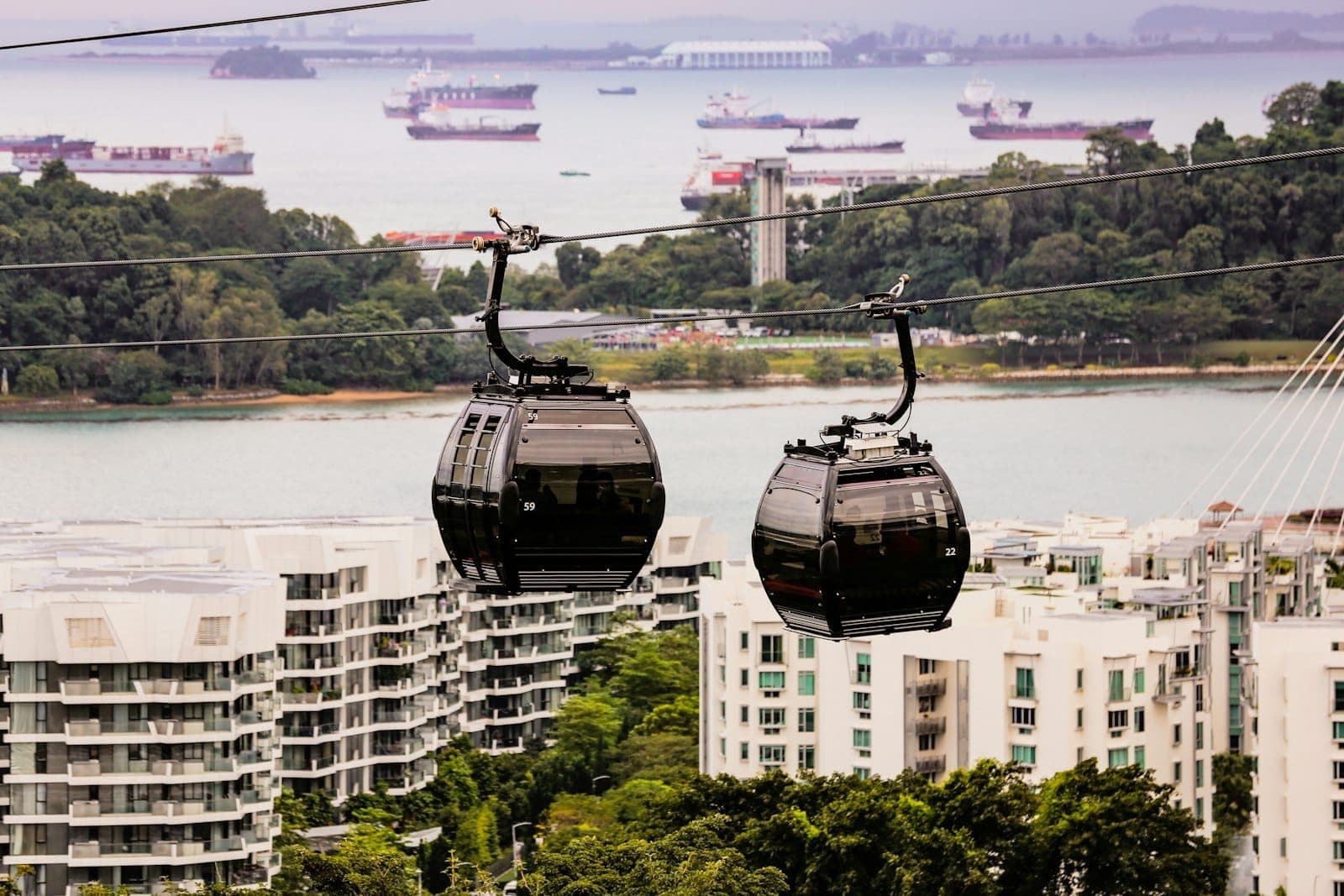 Two Singapore Cable Car cabins travel over Keppel Harbour with city buildings, lush greenery, and ships in the background under a bright sky.
