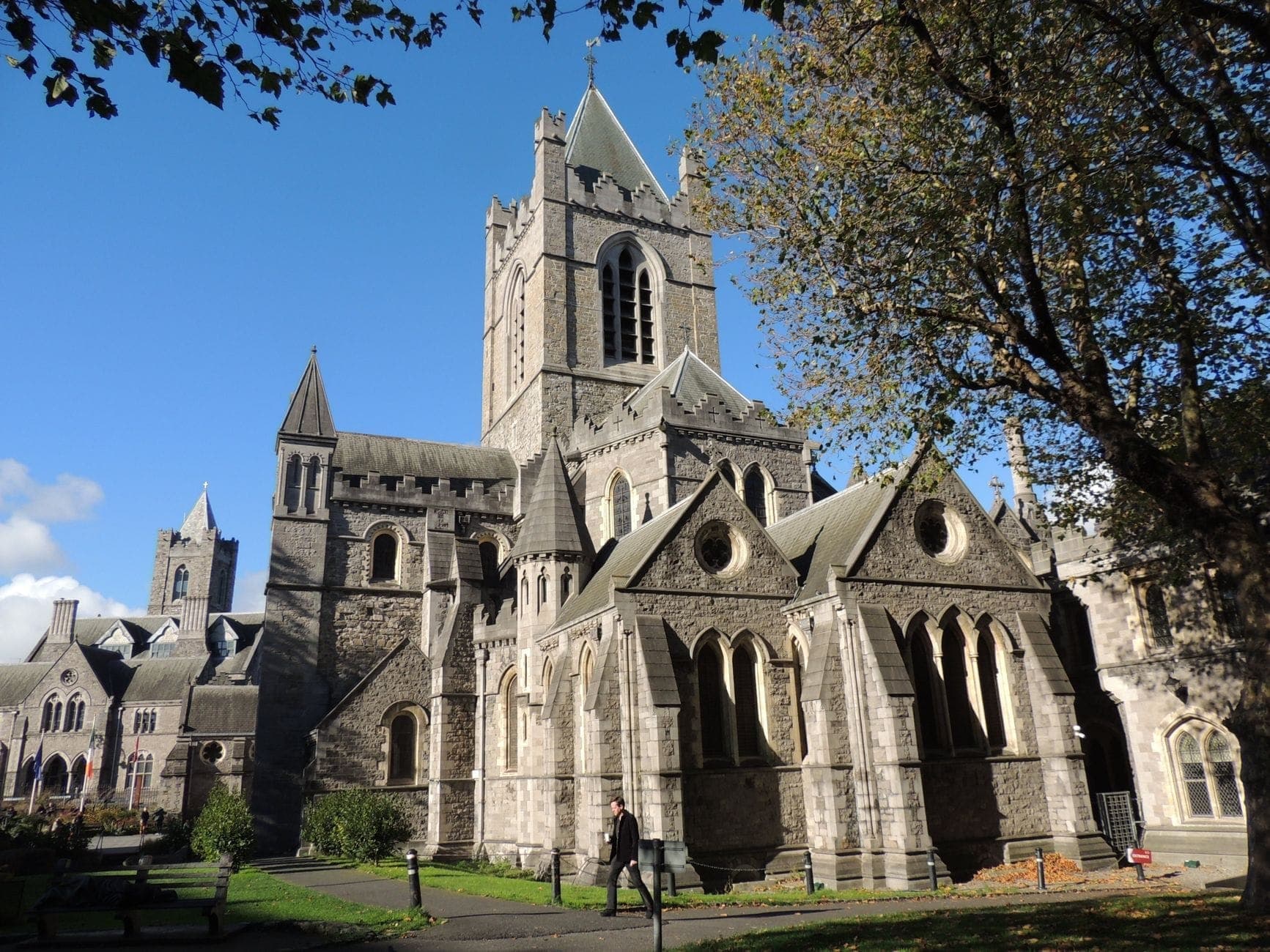 Christ Church Cathedral baignée de soleil à Dublin, avec son architecture gothique en pierre, sa tour imposante et des arbres feuillus qui encadrent l'édifice historique par temps clair.