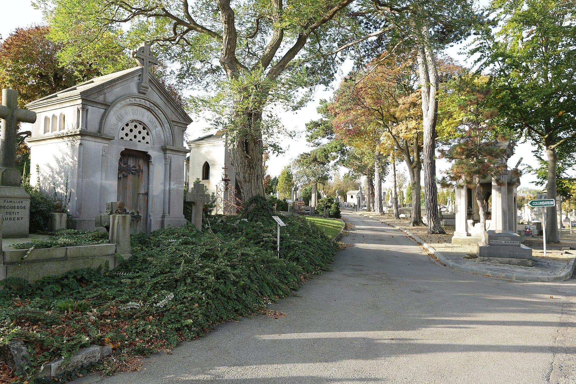 Các lăng mộ đá và bia mộ được bóng cây cao che phủ tại Cimetière Sainte-Marie ở Le Havre, với một con đường lát đá uốn lượn qua nghĩa trang.