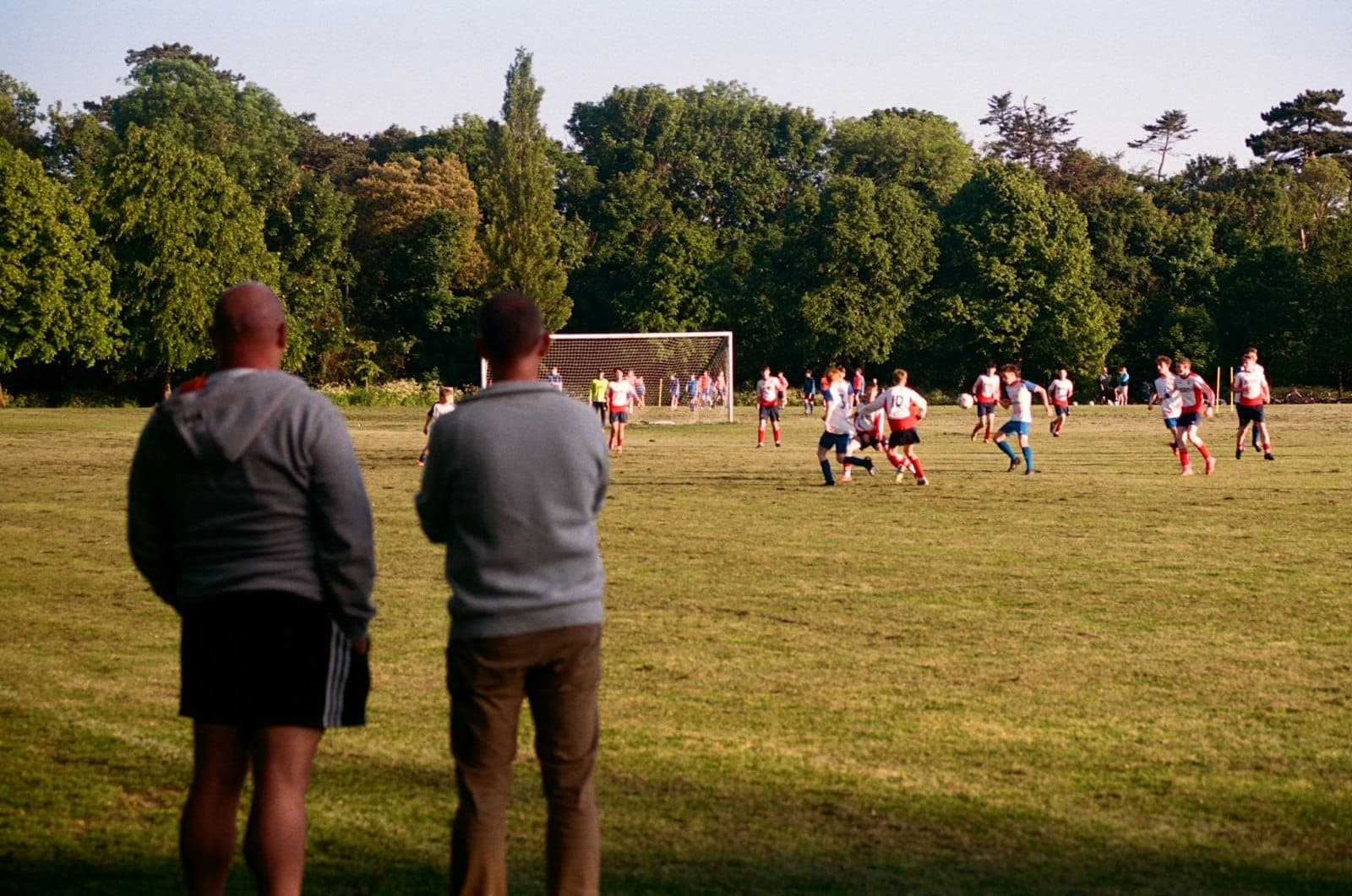 Zwei Zuschauer beobachten ein Gaelic-Football- oder Hurling-Spiel auf einem großen Rasenfeld mit Bäumen im Hintergrund, was das Parkleben in Dublin heraufbeschwört.