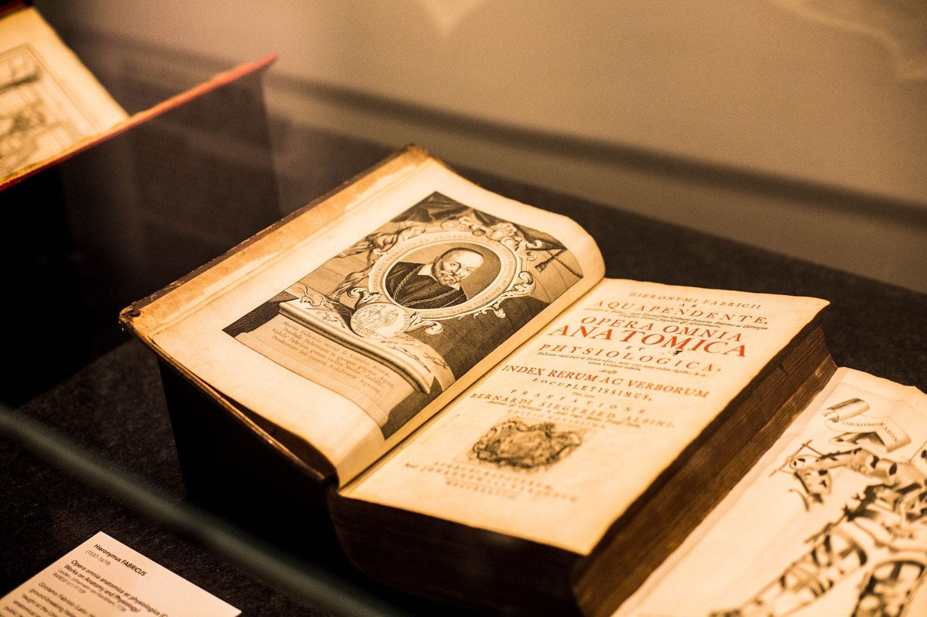 Antico libro anatomico esposto in una teca di vetro, aperto su un ritratto e pagine illustrate, in un museo o una mostra speciale.