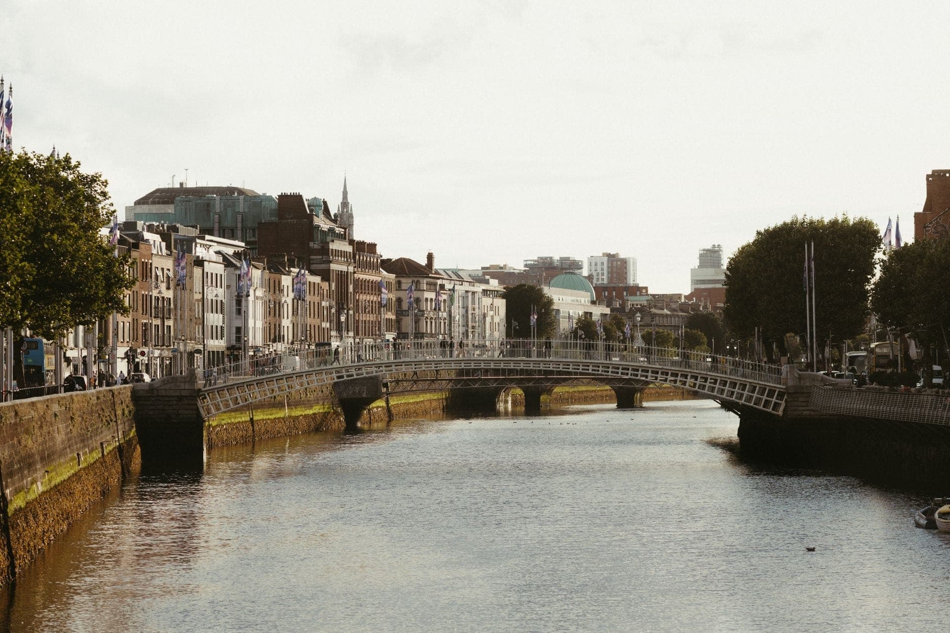 A view of Dublin’s iconic Ha'penny Bridge spanning the River Liffey, with historic buildings, trees, and cityscape in the background on a cloudy day.