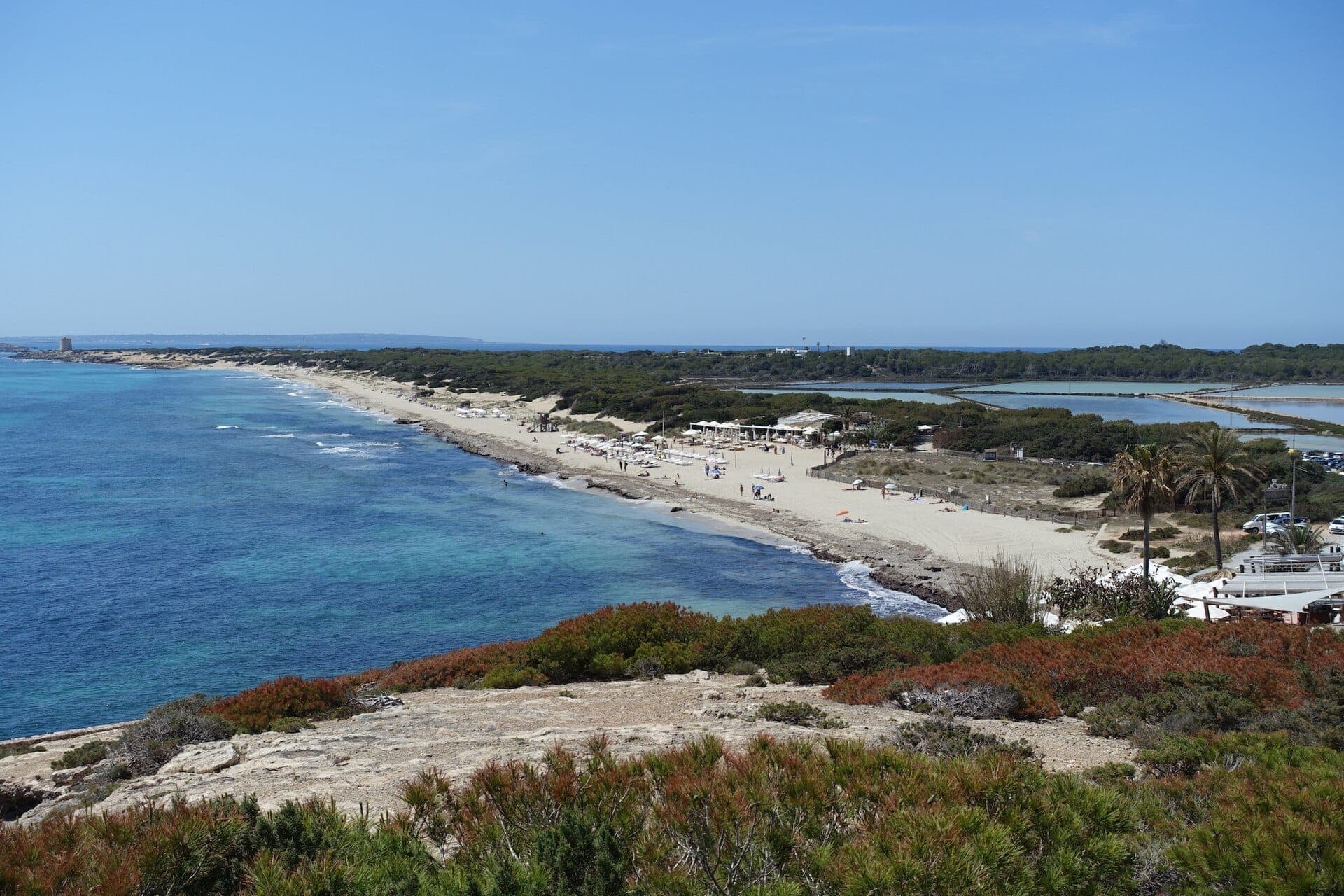Aerial view of Es Cavallet Beach showing its wide stretch of soft white sand, clear turquoise water, shoreline greenery, and nearby salt flats.