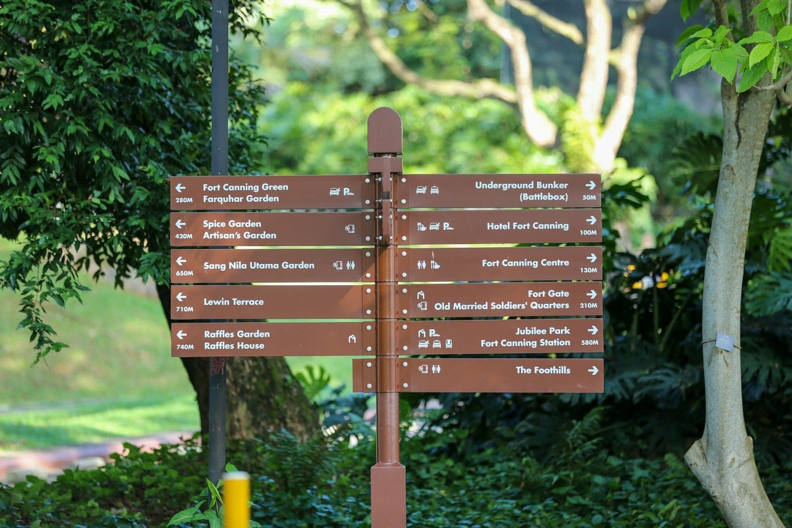 Directional signpost in Fort Canning Park surrounded by lush greenery, listing historical and cultural sites within the park under bright daylight.