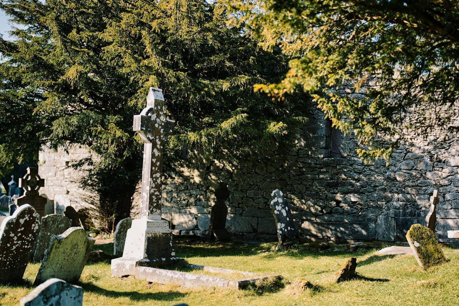 De vieilles croix celtiques et des pierres tombales médiévales se dressent parmi les ruines et les murs de pierre couverts de mousse, à l'ombre des arbres, sur le site monastique de Glendalough en Irlande.