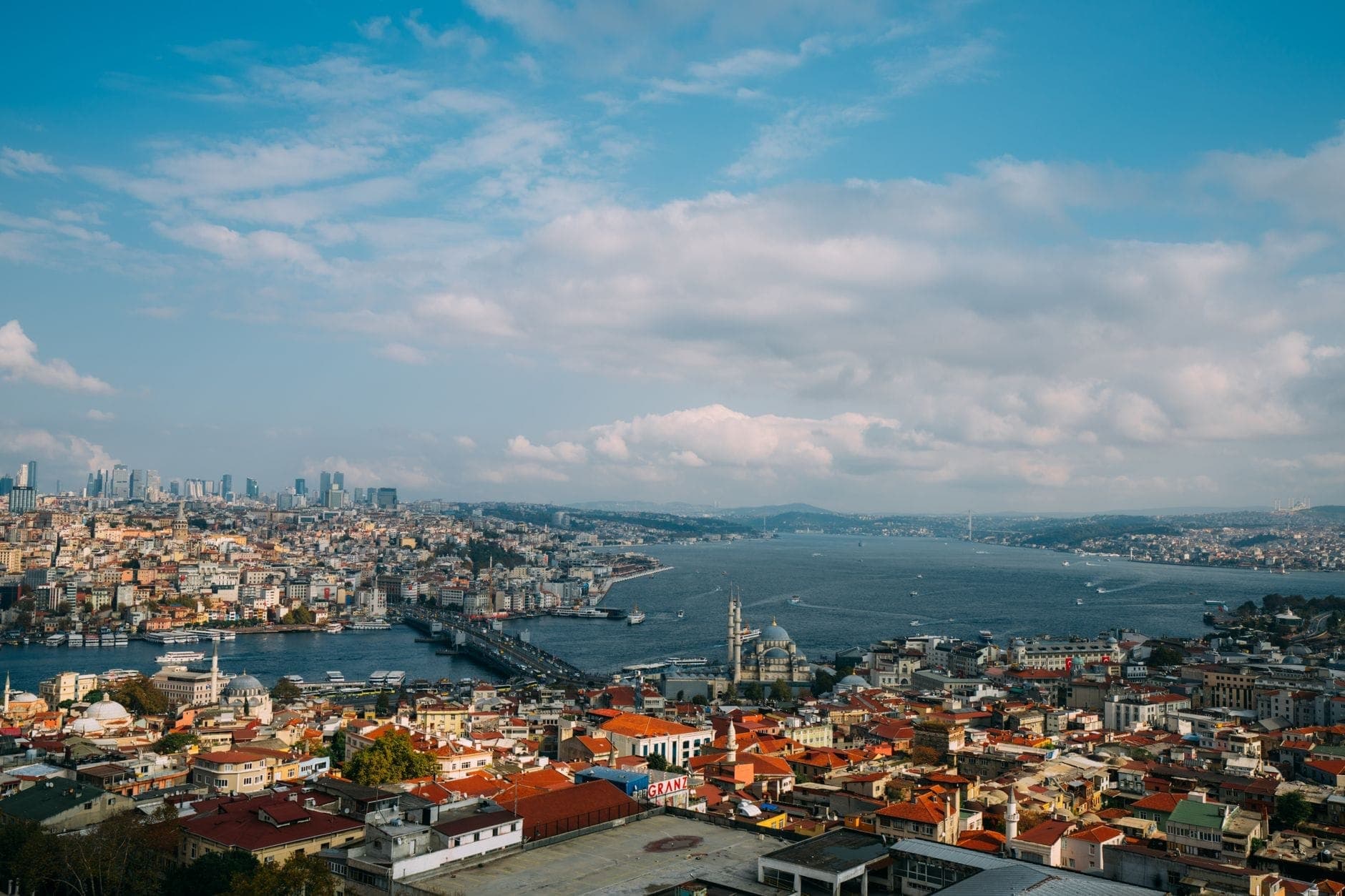 Weites Panorama der Istanbuler Skyline mit dem Bosporus, Dächern, Brücken und historischen Moscheen unter blauem Himmel mit vereinzelten Wolken.