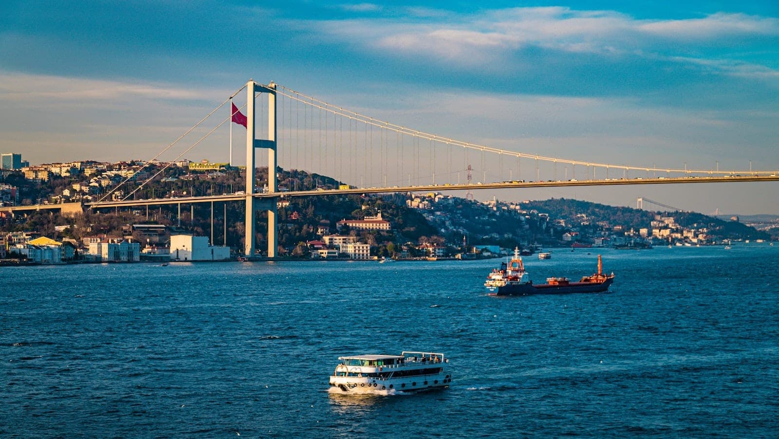 Blick auf die Bosporus-Brücke in Istanbul mit Fähren und Tankern auf dem Wasser, Stadt und Hügel im Hintergrund.