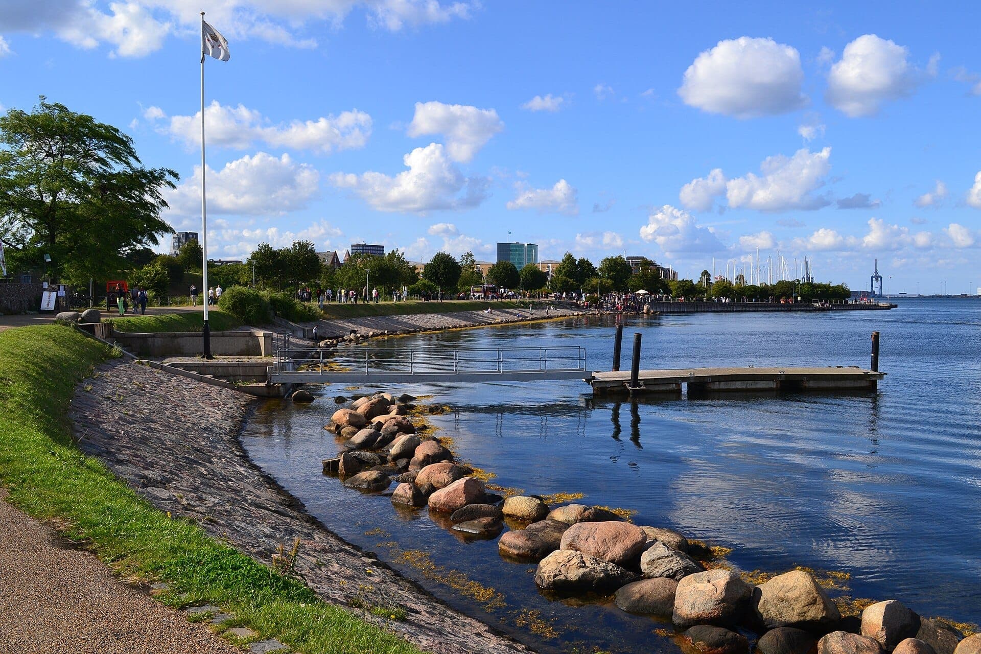 Blick auf die Langelinie-Promenade in Kopenhagen an einem sonnigen Tag, mit Spaziergängern entlang der Uferpromenade, grünen Bäumen und ruhigen Hafengewässern.