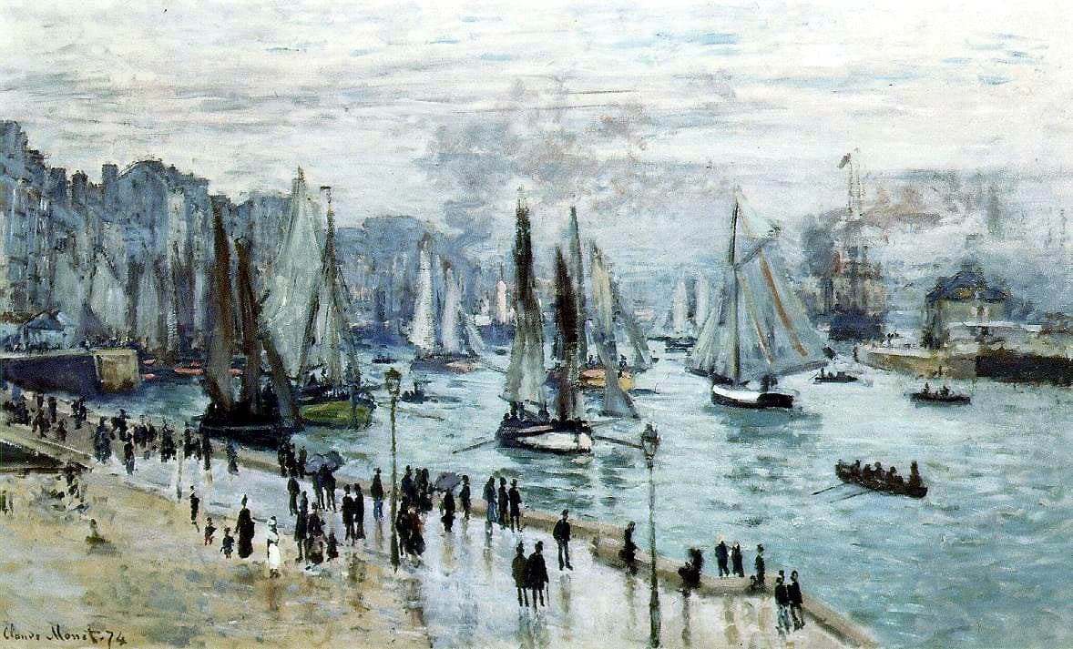 Cảnh bến cảng của Claude Monet tại Le Havre cho thấy những chiếc thuyền buồm trên mặt nước xanh, các tòa nhà thành phố ở xa và đám đông đang đi dọc theo các bến tàu.