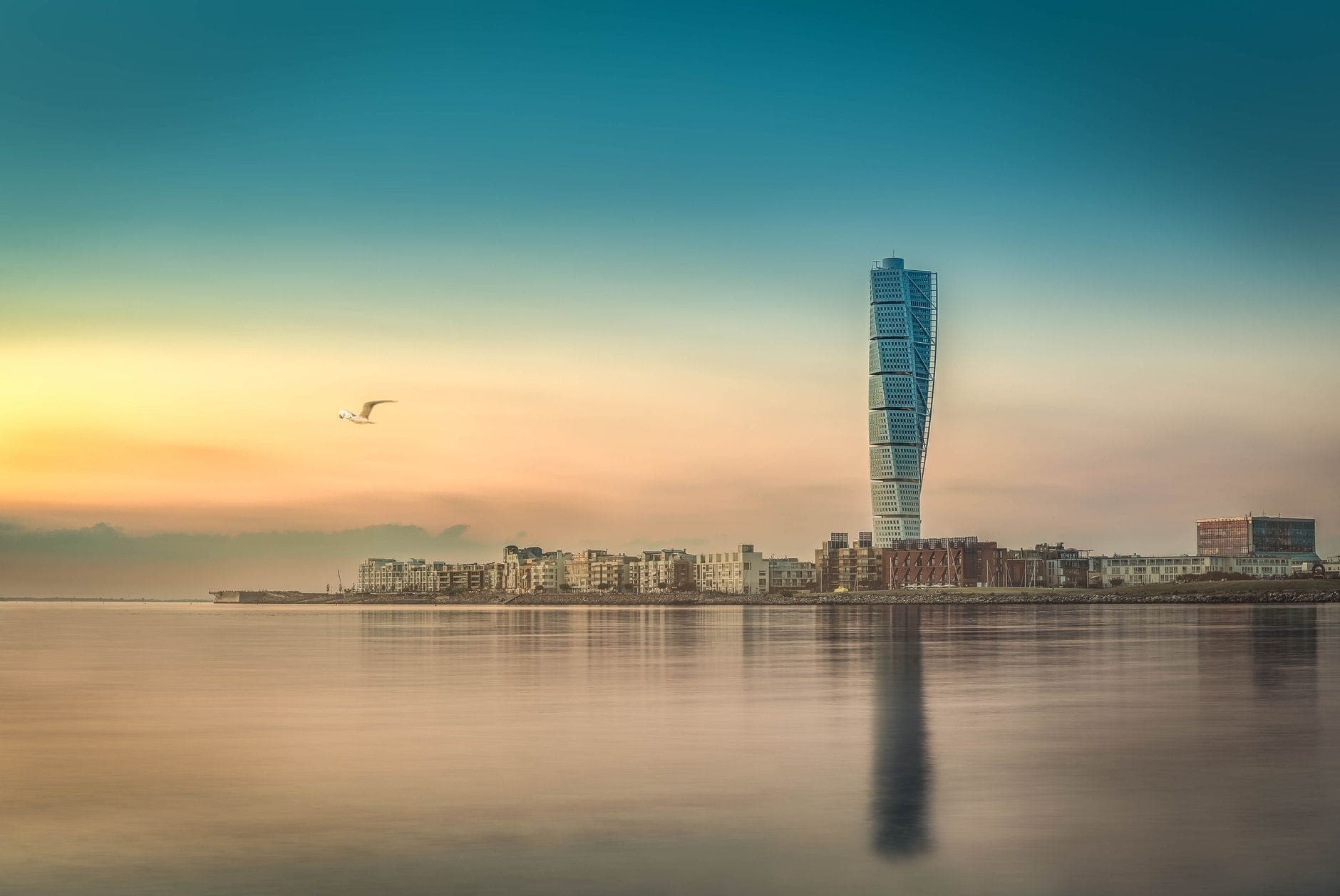 Sunset view of Malmö’s Turning Torso skyscraper and waterfront buildings, reflected in calm water with a seagull soaring in the sky.