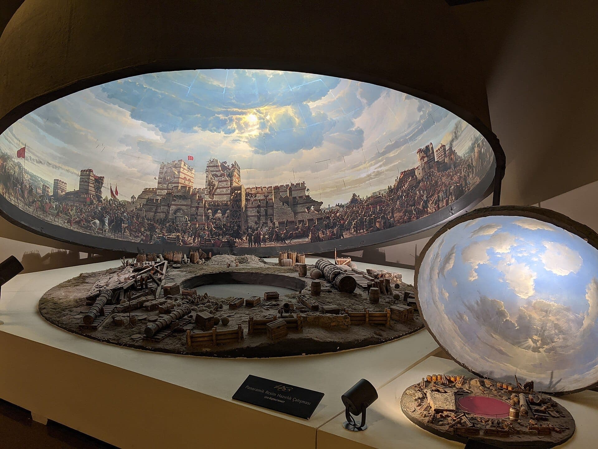 Detailliertes Modell im Panorama 1453 Geschichtsmuseum mit osmanischen Soldaten, Stadtmauern, Kanonen und dramatischem Himmelshintergrund unter Museumsbeleuchtung.