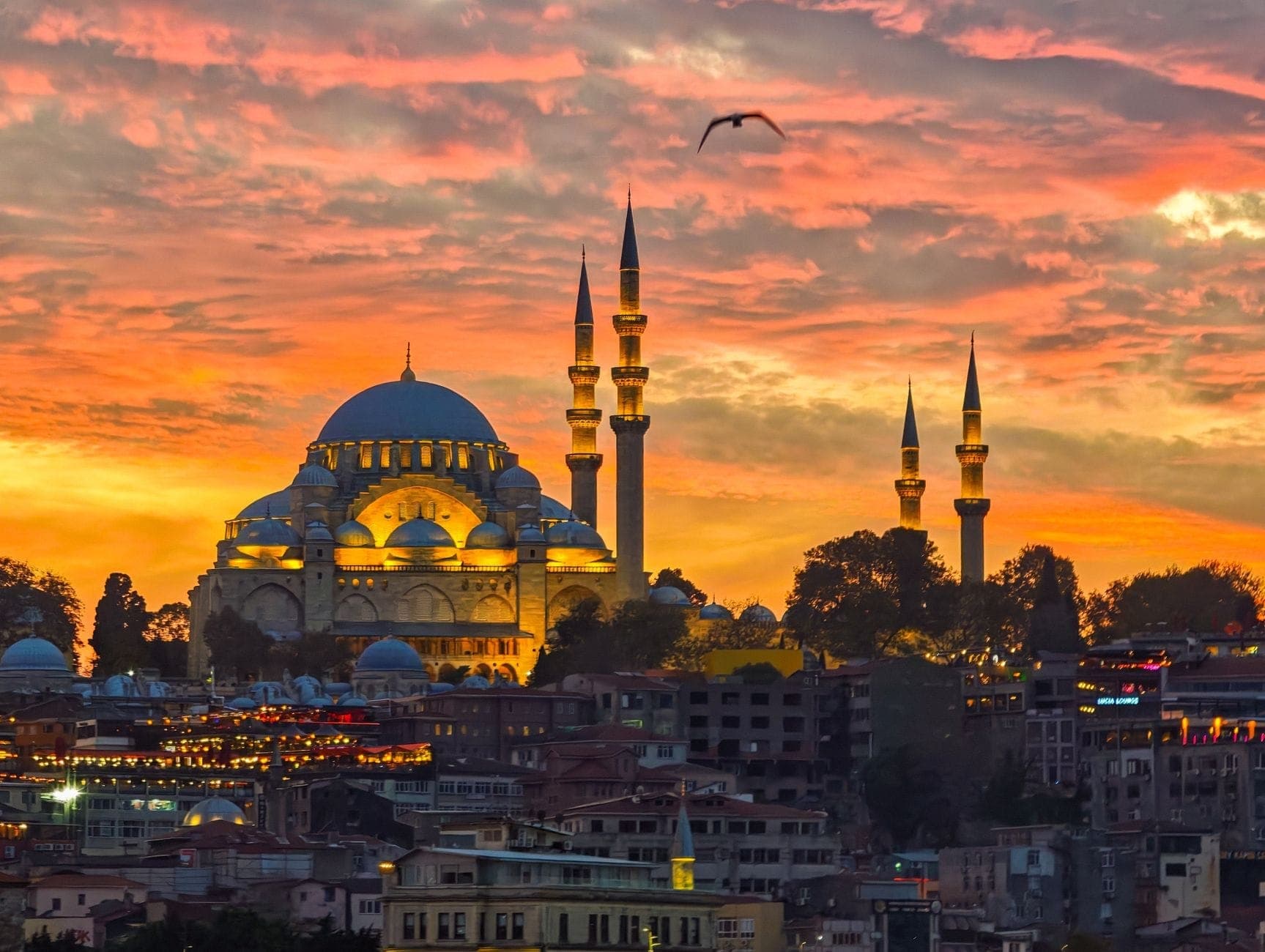 Die Süleymaniye-Moschee im dramatischen Sonnenuntergangslicht, eingebettet in die Istanbuler Stadtsilhouette, mit leuchtend orangefarbenem Wolkenhimmel und einem Vogel im Flug.