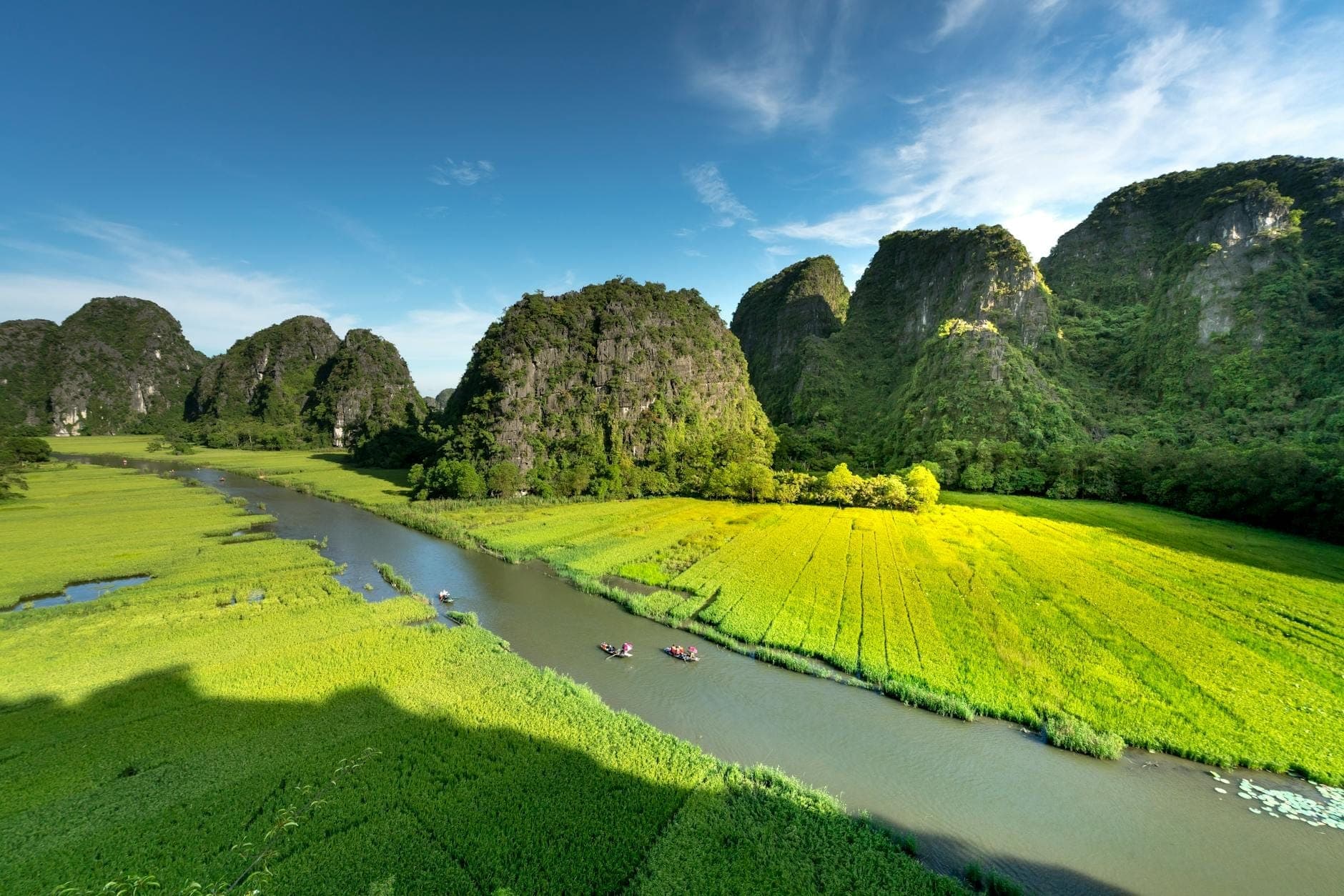 Dòng sông uốn lượn giữa những cánh đồng lúa xanh mướt và những dãy núi đá vôi hùng vĩ dưới bầu trời xanh tại Tam Cốc, Ninh Bình, Việt Nam.