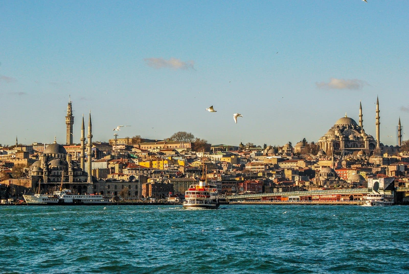 Weiter Blick auf die Skyline von Istanbul vom Bosporus aus – mit Moscheen, bunten Häusern, Fähren auf dem Wasser und Möwen unter strahlend blauem Himmel.