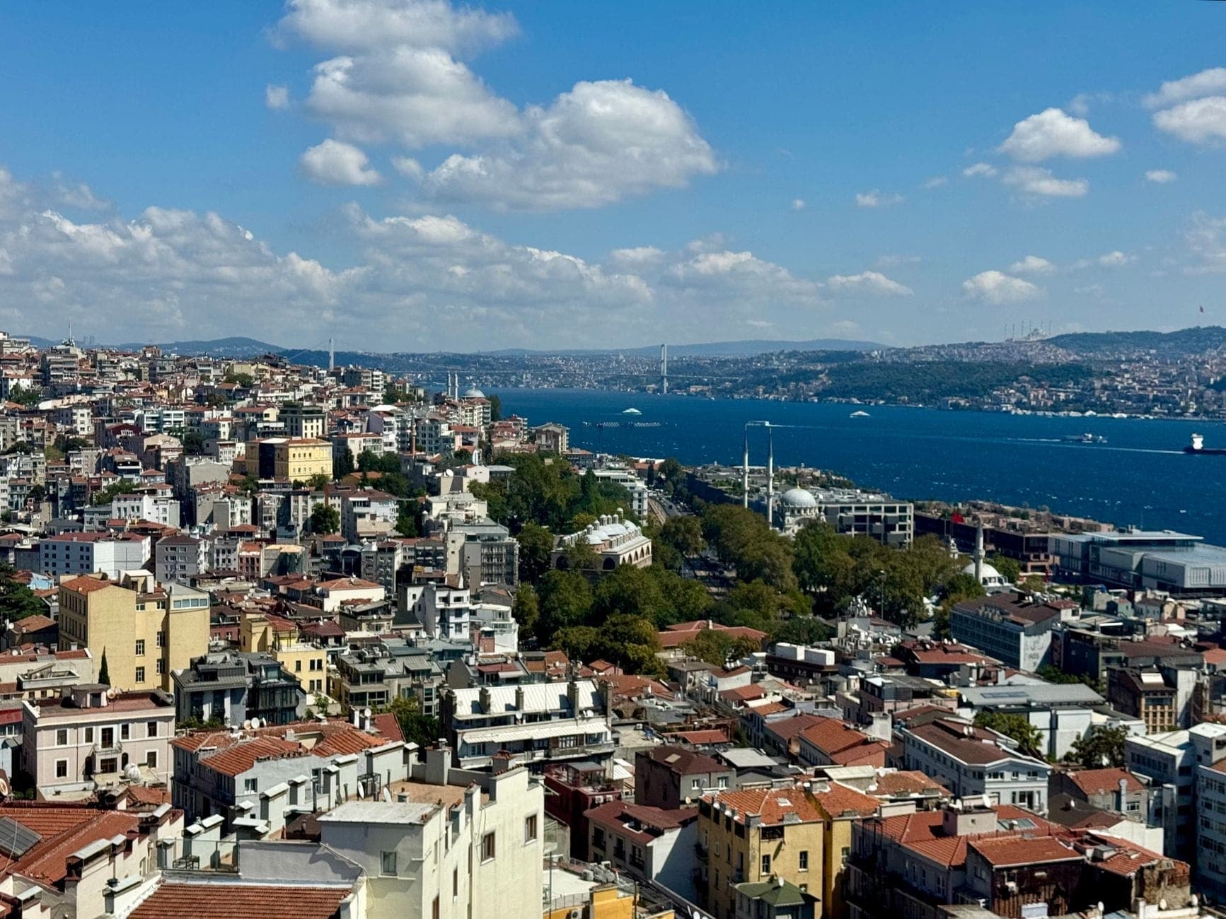 Vista panoramica su Istanbul con quartieri, tetti, lo stretto del Bosforo ed edifici storici e moderni sotto un cielo azzurro.
